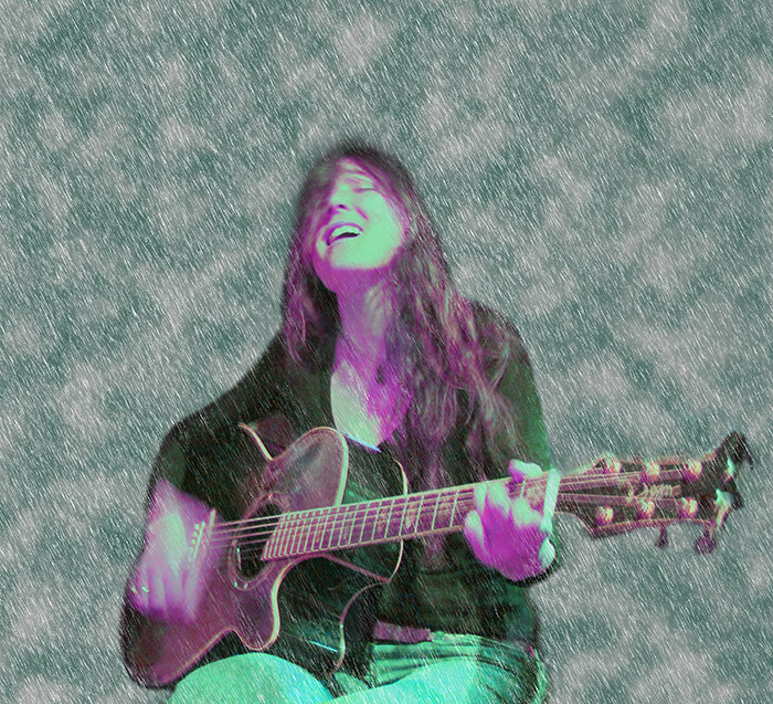 girl playing guitar with cloud background